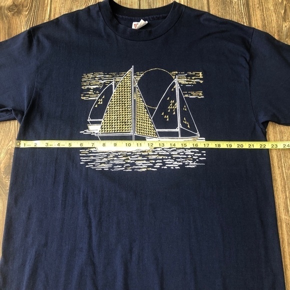 NAVY Blue Gold Glitter Sailboat Short Sleeve Tee Large Shirt Vintage - Picture 4 of 10